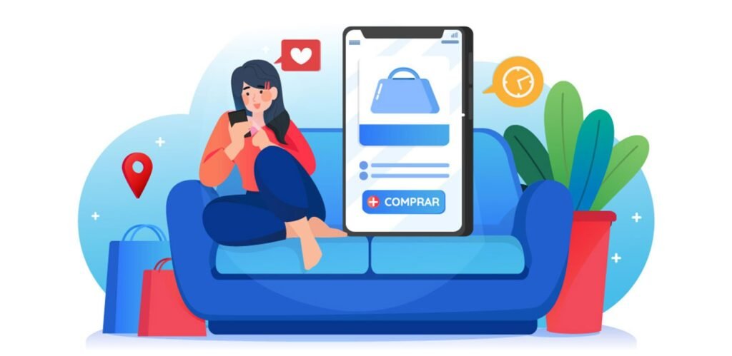mujer realizando compra en su celular