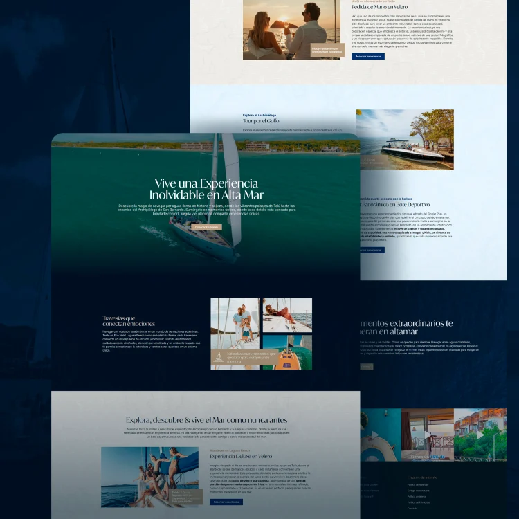Landing page de experiencias náuticas de lujo diseñada por Novant para EcoHotel Laguna Beach en el Golfo de Morrosquillo