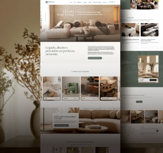 Diseño ecommerce mobiliario premium Homzzy mostrando experiencia visual enfocada en conversión