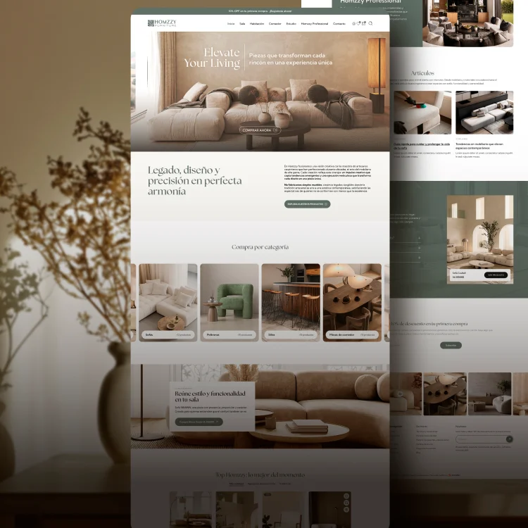 Diseño ecommerce mobiliario premium Homzzy mostrando experiencia visual enfocada en conversión